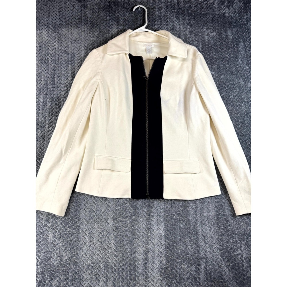 Chico's Blazer Jacket Womens 1 Beige Black Full Zip Rayon Stretch Long Sleeve